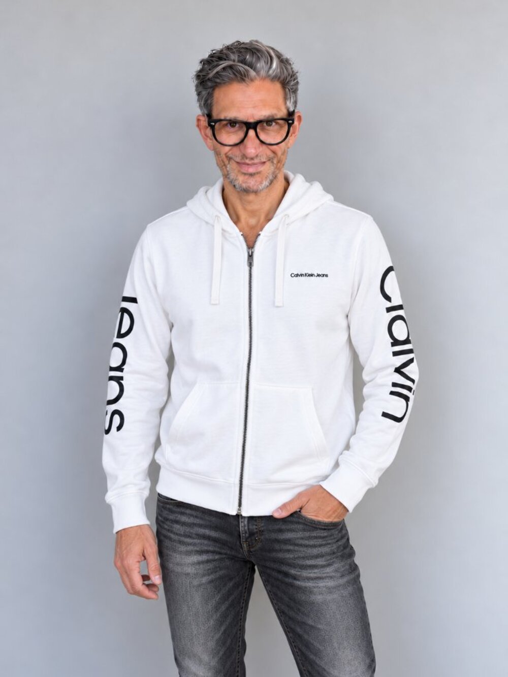 Calvin Klein Jeans Men's White Full Zip Spellout Graphic Hoodie Small